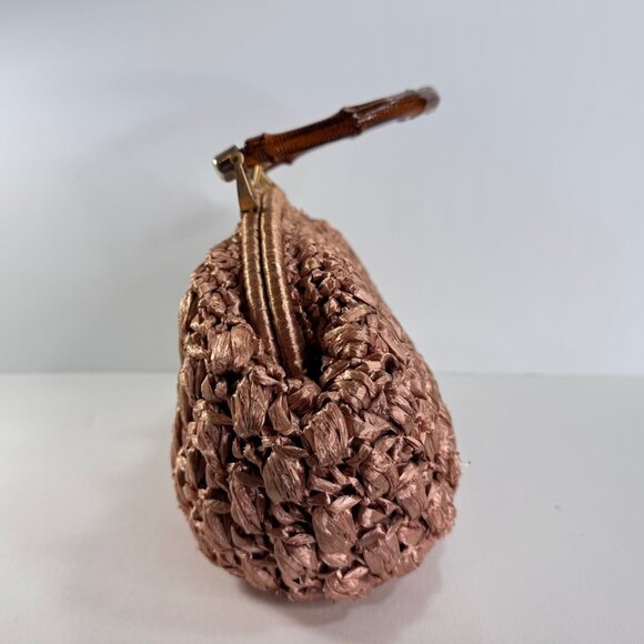 Vintage Pink Raffia Woven Handbag w/ Bamboo Handle Made in Italy - Picture 6 of 14